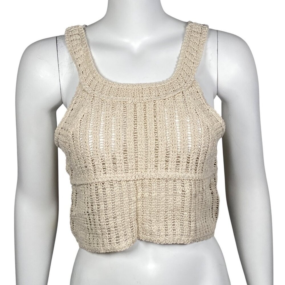 Crochet Sleeveless Crop Top Size L Beige Pullover Boho Cottagecore Festival